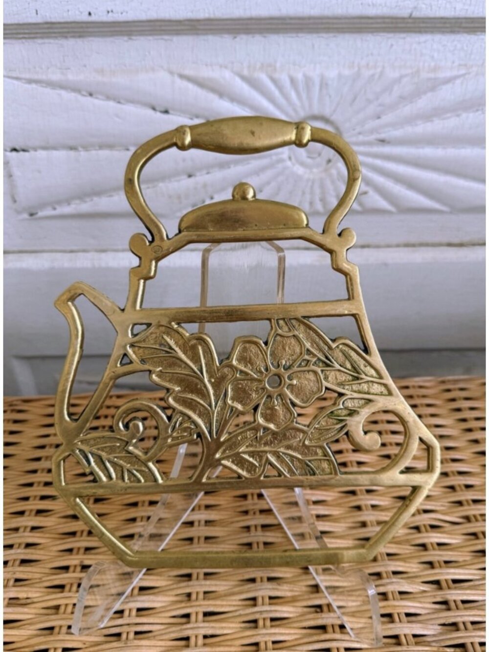 Vintage 70s Brass Trivet Hot Plate Floral Teapot Shaped Kitchen Decor